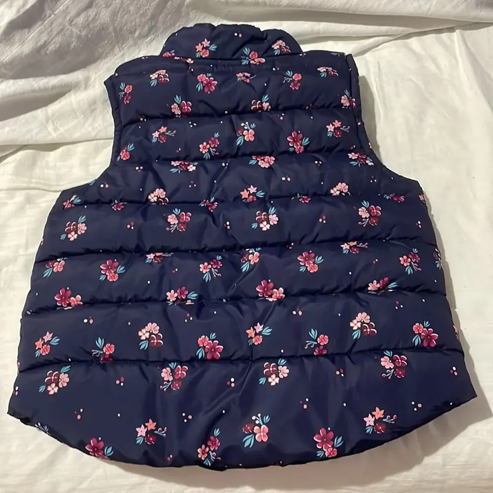 Gymboree S 5/6 navy blue pink floral puffer vest pockets fleece lined euc